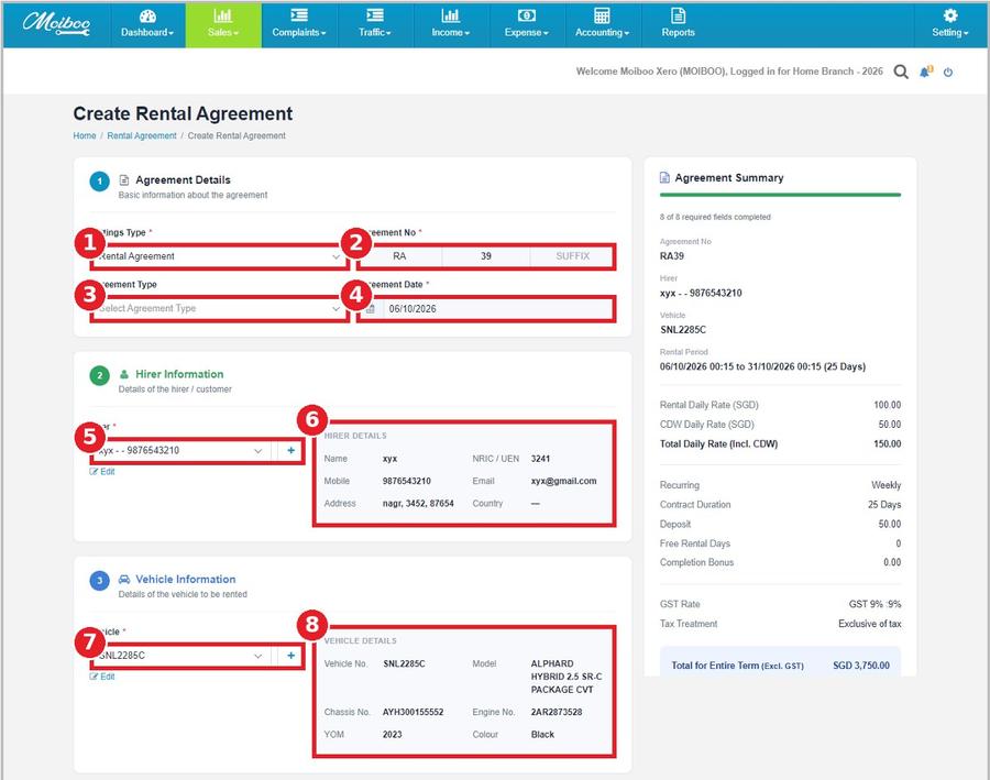 Moiboo Create Rental Agreement screen